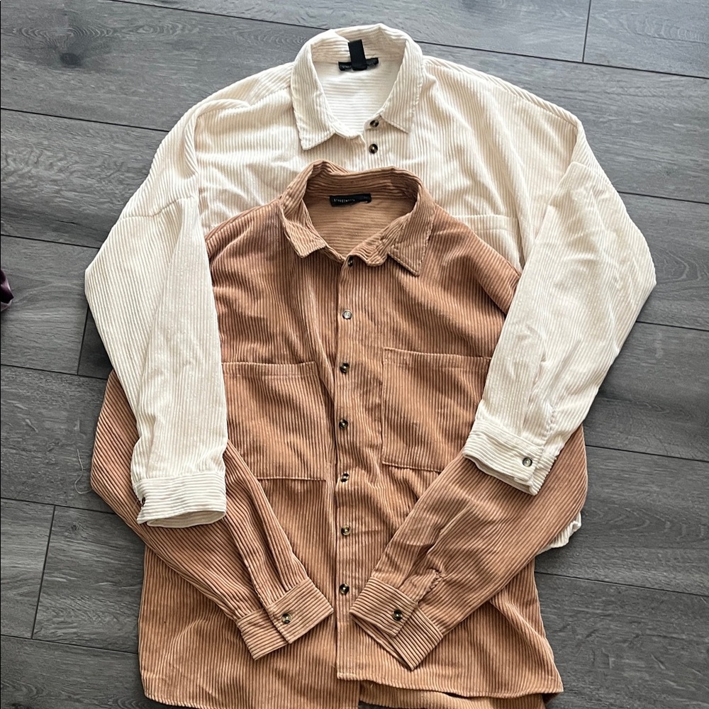 2 Corduroy Button-Up Shirts in Cream and Brown